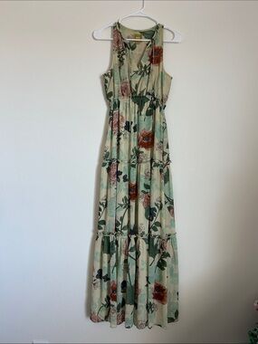 Anthropologie Maeve Floral Tiered Maxi Dress in Sage and Rust